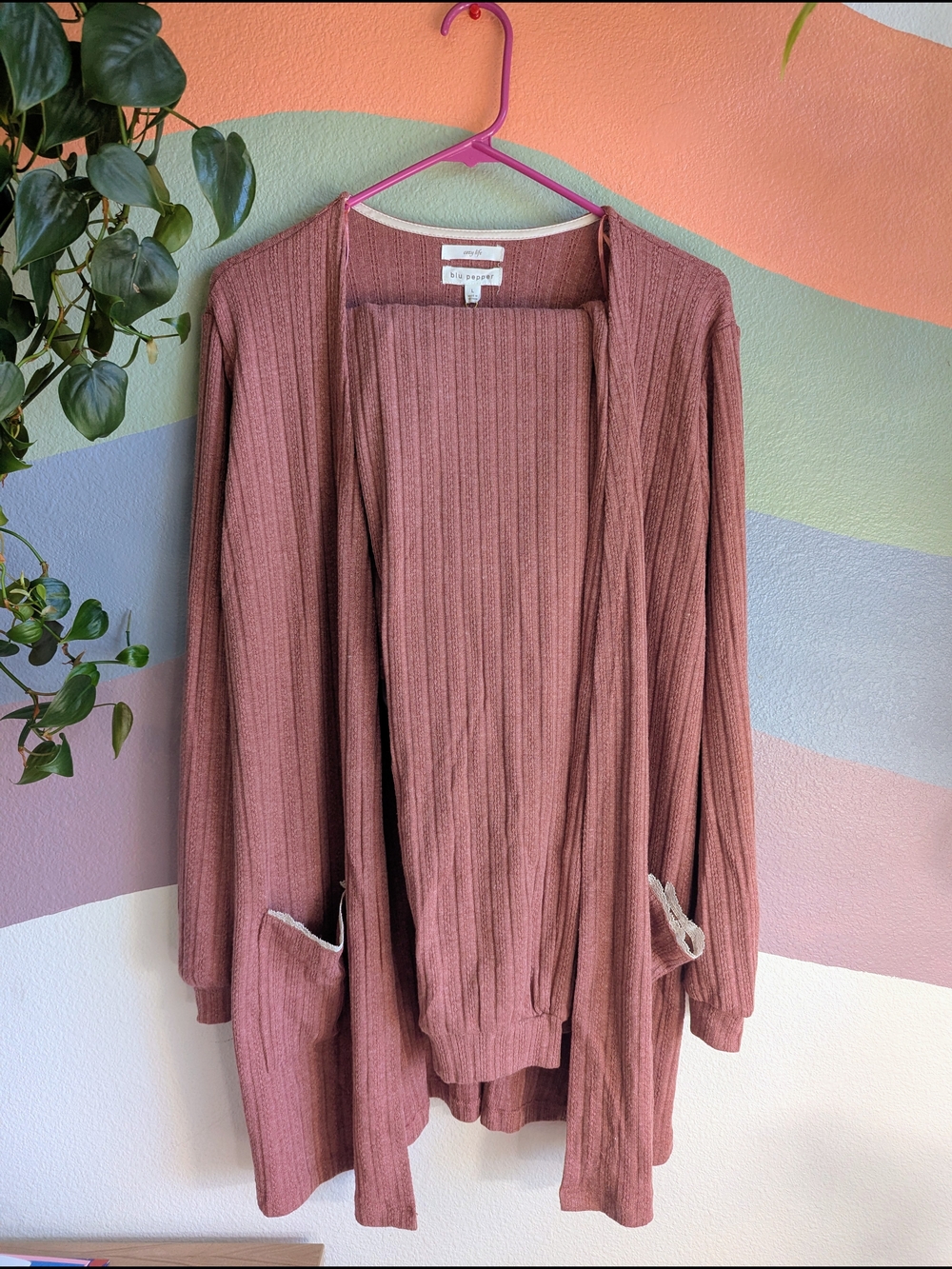 Blu Pepper Dusty Mauve Ribbed Knit Loungewear Set - Cardigan & Joggers